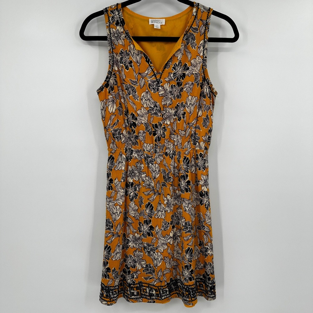 Market‎ & Spruce Mustard Yellow Floral Sleeveless Mini Dress Small Cottagecore